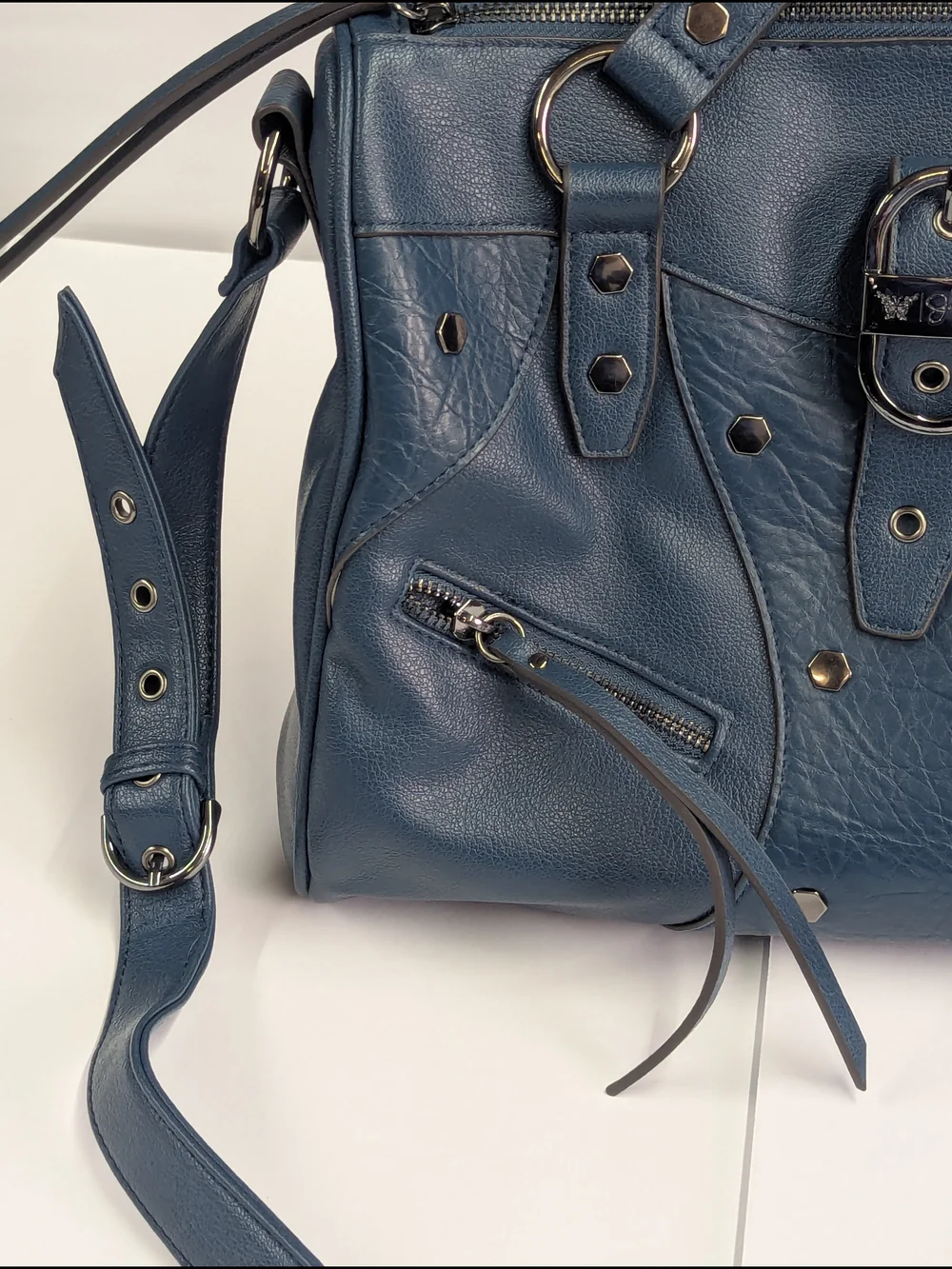 Jessica Simpson Blue Leather Satchel Studded Moto Bag Crossbody Shoulder Purse